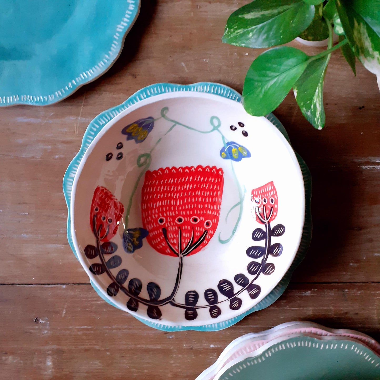 Original Ceramic bowl. Floral bowl. Ceramic salade bowl, 21 cm. Handmade bowl.